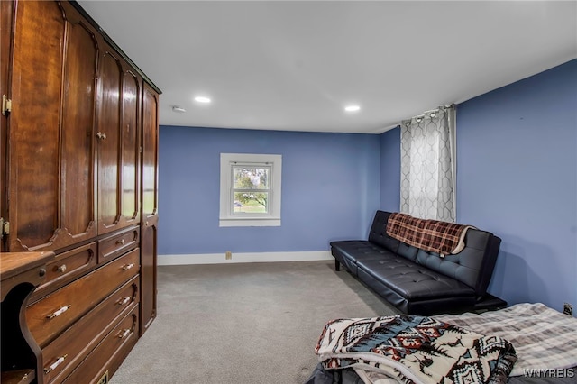 bedroom with carpet floors, baseboards, and recessed lighting