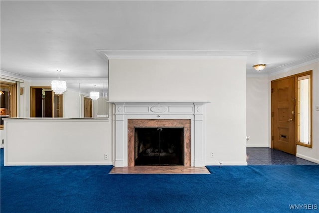 unfurnished living room with a chandelier, a high end fireplace, crown molding, baseboards, and carpet