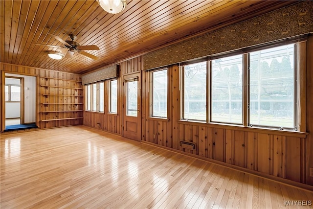 empty room featuring wood walls, built in shelves, light wood finished floors, a ceiling fan, and wood ceiling