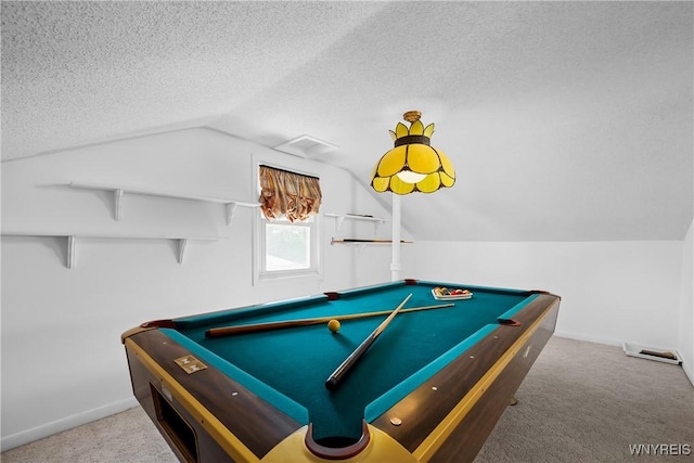recreation room with lofted ceiling, baseboards, carpet flooring, billiards, and a textured ceiling