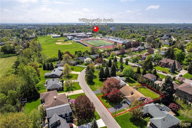 aerial view of residential area featuring property boundaries highlighted
