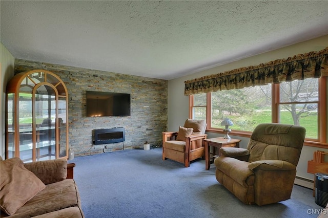 43 County Rte 9, Rossie, NY 13642 - living area featuring a textured ceiling, plenty of natural light, a fireplace, baseboard heating, and carpet floors