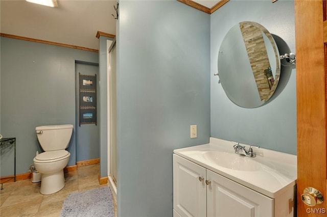 43 County Rte 9, Rossie, NY 13642 - full bath with toilet, vanity, a shower stall, baseboards, and tile patterned flooring