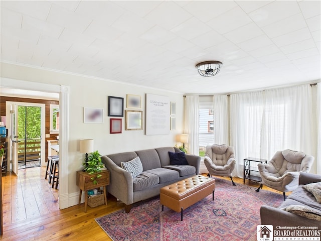 living area featuring wood-type flooring and crown molding