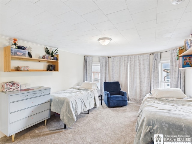 carpeted bedroom featuring ornamental molding