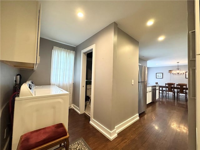 5 Walnut Street Ext, Sennett, NY 13021 - laundry area featuring washing machine and dryer, dark wood-style floors, a chandelier, recessed lighting, and baseboards