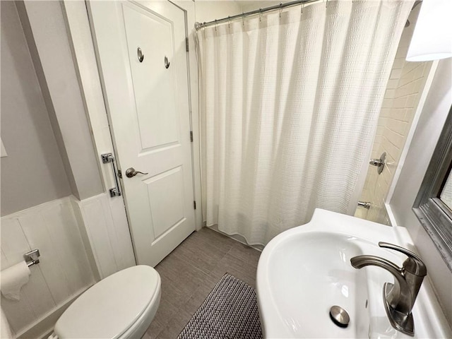 5 Walnut Street Ext, Sennett, NY 13021 - bathroom featuring a sink, toilet, wainscoting, and wood finished floors