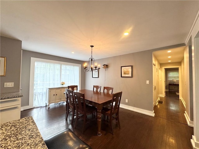 5 Walnut Street Ext, Sennett, NY 13021 - dining room with dark wood-style flooring, a chandelier, recessed lighting, and baseboards