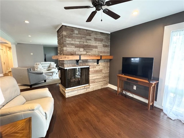 5 Walnut Street Ext, Sennett, NY 13021 - living area with ceiling fan, a stone fireplace, wood finished floors, baseboards, and recessed lighting
