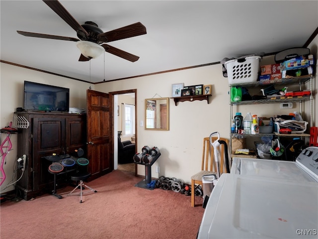 carpeted office with washing machine and dryer, a ceiling fan, and ornamental molding