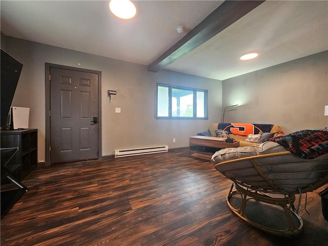57 Interstate Pkwy, Bradford-City, PA 16701 - living area featuring a baseboard heating unit, wood finished floors, and beam ceiling