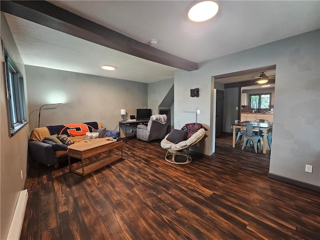 57 Interstate Pkwy, Bradford-City, PA 16701 - living room featuring wood finished floors, a baseboard radiator, beam ceiling, and baseboards