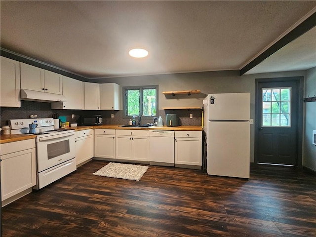 57 Interstate Pkwy, Bradford-City, PA 16701 - kitchen with white appliances, under cabinet range hood, a sink, dark wood-style floors, and white cabinets