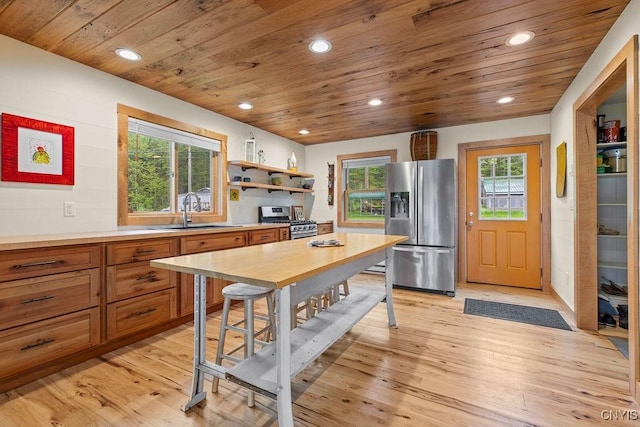 kitchen with stainless steel appliances, a sink, wooden ceiling, light wood-style flooring, and recessed lighting