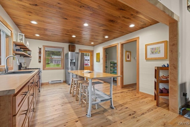kitchen with stainless steel appliances, a sink, a baseboard radiator, open shelves, and wooden ceiling