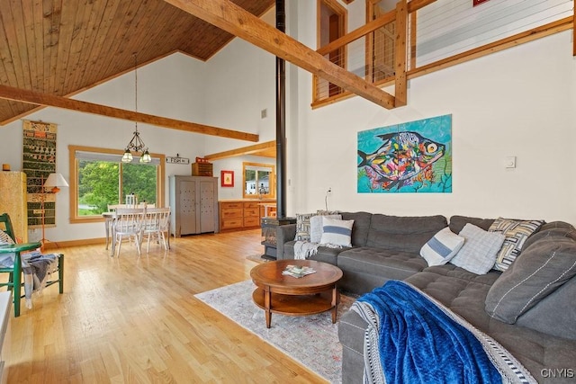 living area with wooden ceiling, high vaulted ceiling, light wood-style flooring, and beam ceiling
