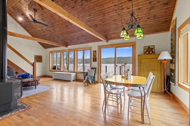 dining room with a wood stove, wooden ceiling, baseboards, light wood-type flooring, and ceiling fan