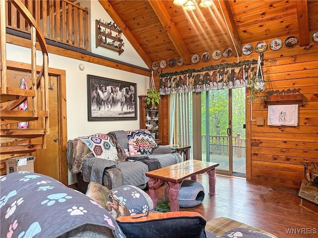 2669 Town Line Rd, Mount Morris, NY 14517 - living room featuring wooden ceiling, wood-type flooring, and wooden walls