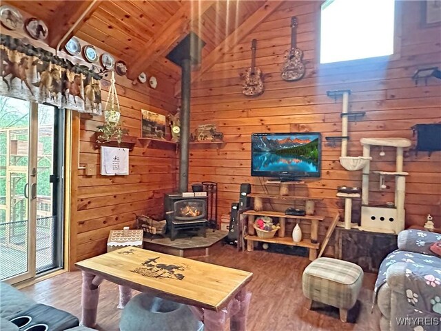 2669 Town Line Rd, Mount Morris, NY 14517 - living room with a wood stove, wooden walls, wood finished floors, and wood ceiling