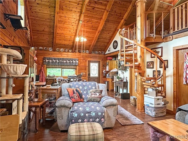 2669 Town Line Rd, Mount Morris, NY 14517 - living area featuring wooden ceiling with exposed beams, stairway, high vaulted ceiling, wood finished floors, and wooden walls