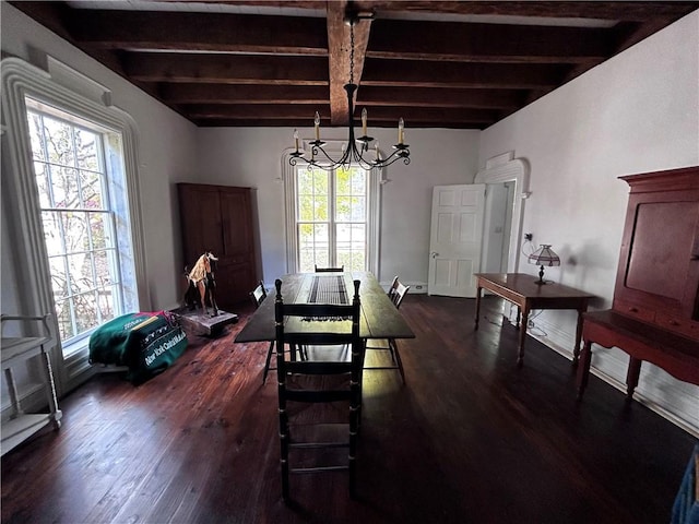 93 Main St, Laurens, NY 13796 - dining area featuring dark wood-type flooring, beamed ceiling, and a chandelier