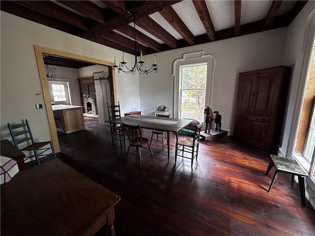 93 Main St, Laurens, NY 13796 - dining space with beamed ceiling, a chandelier, and dark wood-style flooring