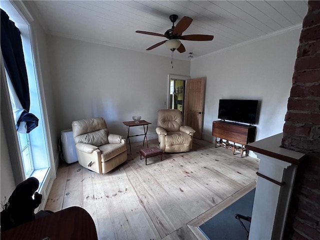 93 Main St, Laurens, NY 13796 - living area with hardwood / wood-style floors, ceiling fan, crown molding, and wood ceiling
