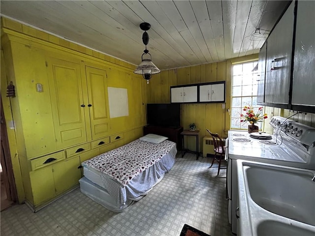 93 Main St, Laurens, NY 13796 - bedroom featuring washer / clothes dryer, wooden ceiling, wooden walls, and radiator heating unit