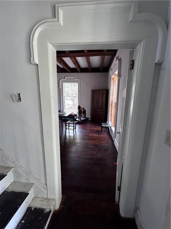 93 Main St, Laurens, NY 13796 - corridor featuring beamed ceiling and dark wood-style flooring