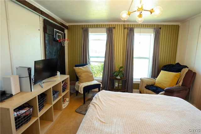 285 Clinton St, Gouverneur, NY 13642 - bedroom with crown molding, multiple windows, a chandelier, and carpet flooring
