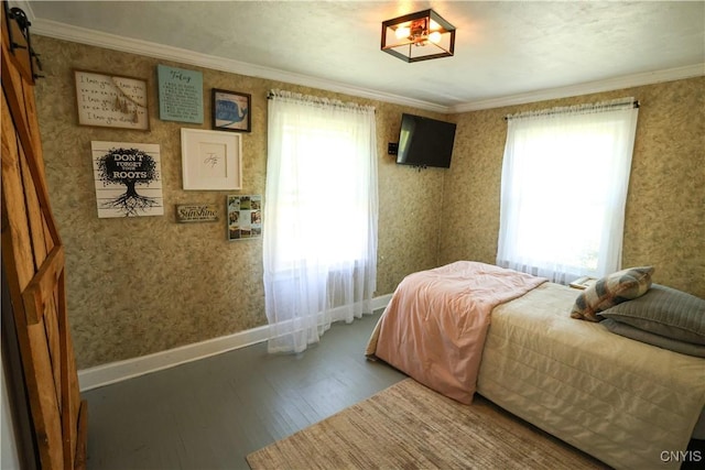 285 Clinton St, Gouverneur, NY 13642 - bedroom with wood finished floors, ornamental molding, wallpapered walls, and baseboards