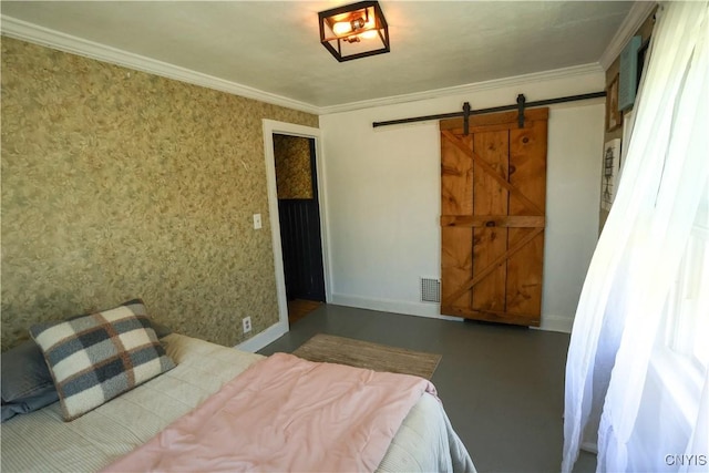285 Clinton St, Gouverneur, NY 13642 - bedroom featuring a barn door, baseboards, ornamental molding, and wallpapered walls