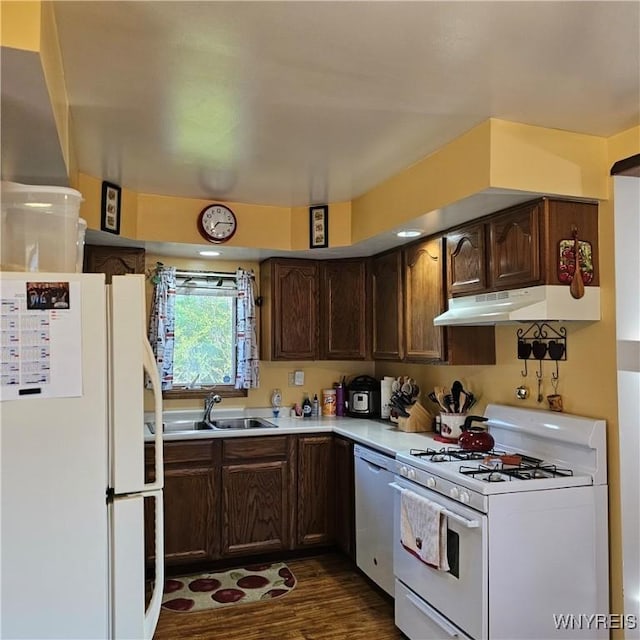 kitchen with white appliances, a sink, under cabinet range hood, light countertops, and dark wood finished floors