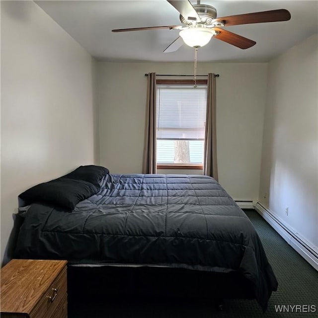 bedroom with dark carpet, baseboards, and a ceiling fan