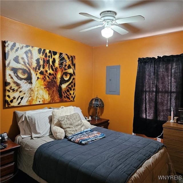 bedroom with electric panel and a ceiling fan