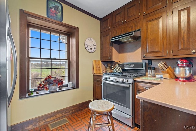2066 Deerlick Rd, Cape Vincent, NY 13618 - kitchen featuring appliances with stainless steel finishes, under cabinet range hood, baseboards, plenty of natural light, and crown molding