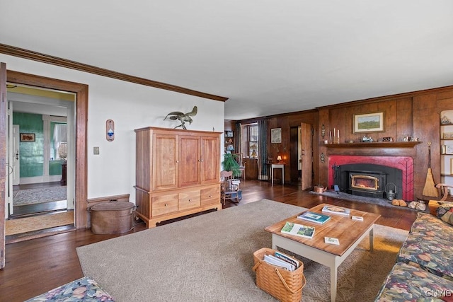 2066 Deerlick Rd, Cape Vincent, NY 13618 - living room with crown molding, wood walls, and wood finished floors