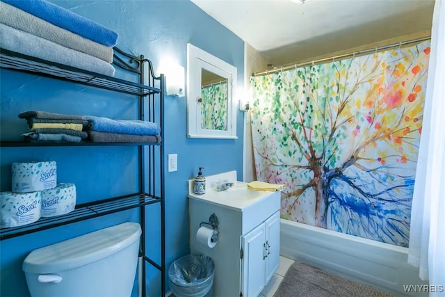 full bath featuring vanity, toilet, shower / tub combo, and tile patterned flooring