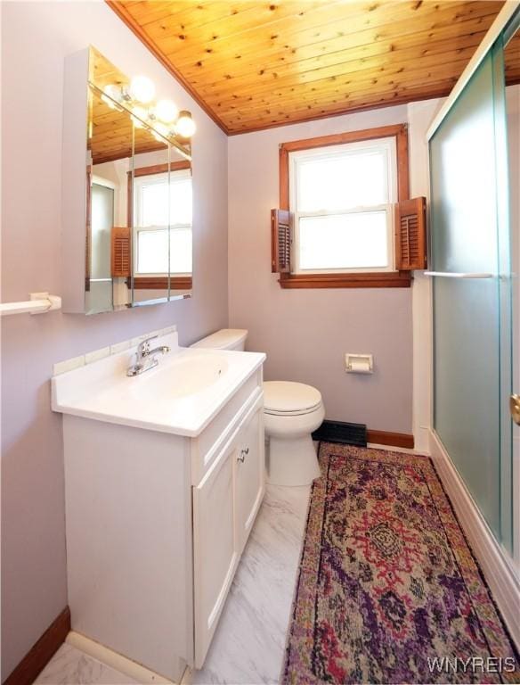 full bathroom featuring wood ceiling, an enclosed shower, vanity, toilet, and baseboards