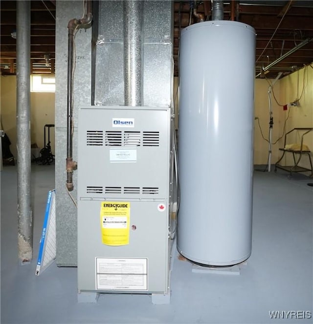 utility room with gas water heater and heating unit