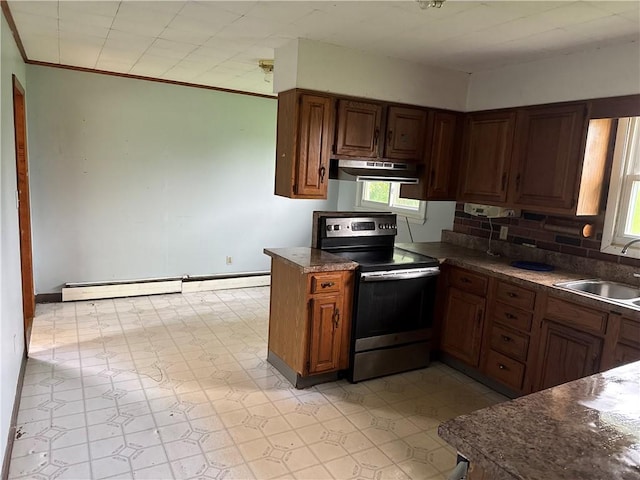 37 Hilltop Dr, Schroeppel, NY 13135 - kitchen with stainless steel range with electric stovetop, under cabinet range hood, a sink, light floors, and dark countertops