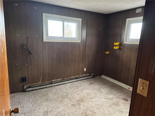 37 Hilltop Dr, Schroeppel, NY 13135 - spare room featuring a baseboard radiator, carpet floors, healthy amount of natural light, and wooden walls