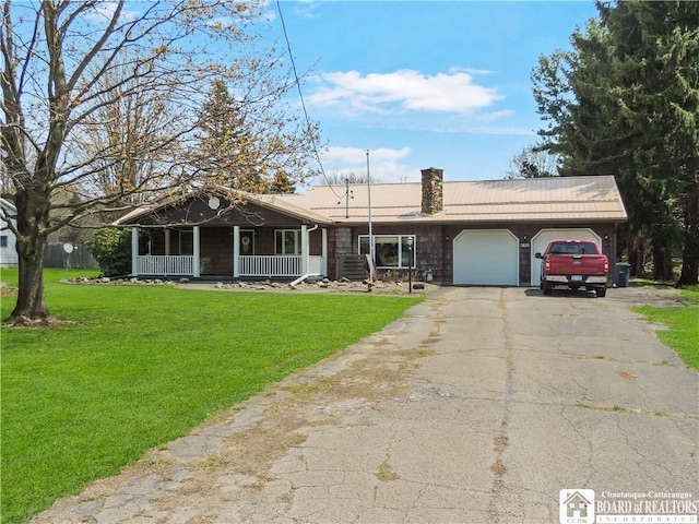 3830 E Ross Mills Rd, Ellicott, NY 14733 - ranch-style home with a porch, an attached garage, asphalt driveway, and a front lawn