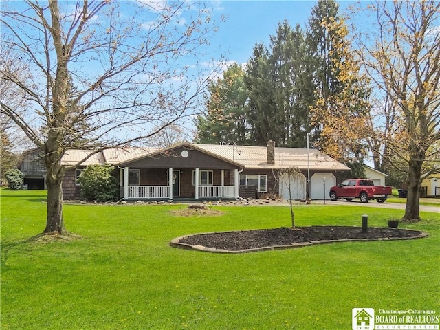 3830 E Ross Mills Rd, Ellicott, NY 14733 - back of house with covered porch, a yard, driveway, metal roof, and a chimney