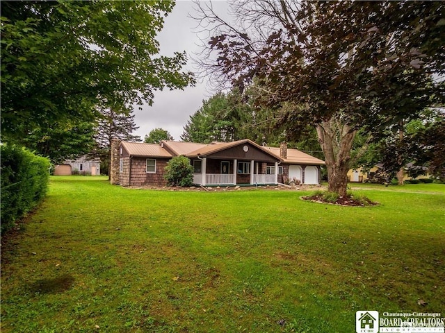 3830 E Ross Mills Rd, Ellicott, NY 14733 - view of front of property featuring an attached garage, a front lawn, a chimney, and a porch