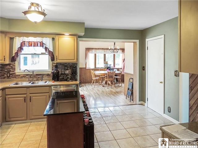 3830 E Ross Mills Rd, Ellicott, NY 14733 - kitchen featuring a sink, a chandelier, decorative backsplash, and light tile patterned floors