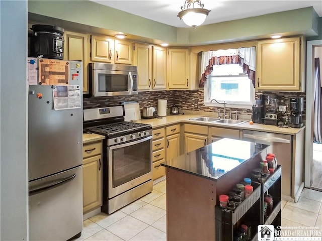 3830 E Ross Mills Rd, Ellicott, NY 14733 - kitchen with appliances with stainless steel finishes, a sink, light tile patterned floors, backsplash, and a kitchen island