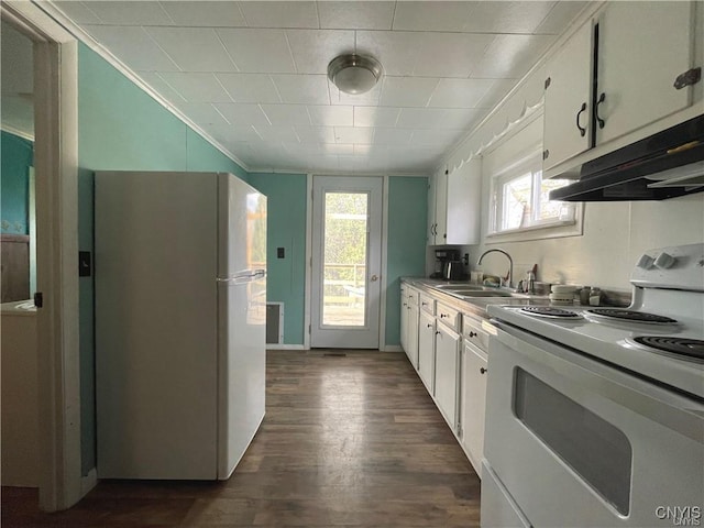 43815 Stine Rd, Alexandria, NY 13679 - kitchen with white appliances, under cabinet range hood, a sink, white cabinetry, and plenty of natural light
