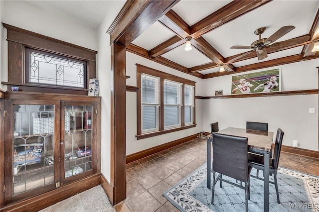 61 Norwalk Ave, Buffalo, NY 14216 - tiled dining area featuring baseboards, beam ceiling, a ceiling fan, and coffered ceiling