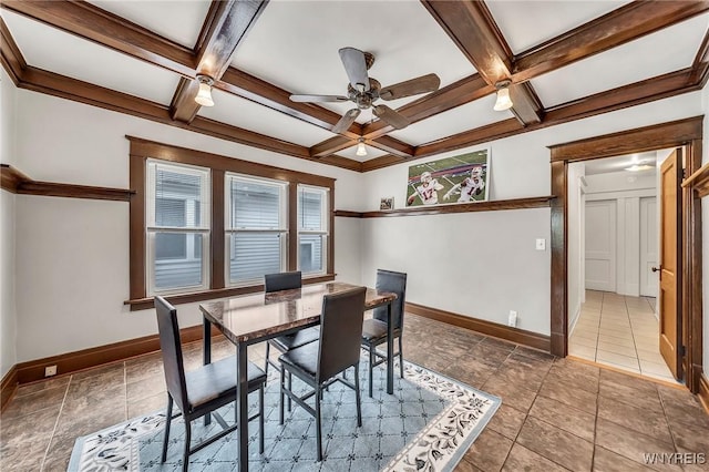 61 Norwalk Ave, Buffalo, NY 14216 - dining space featuring baseboards, coffered ceiling, ceiling fan, and beam ceiling